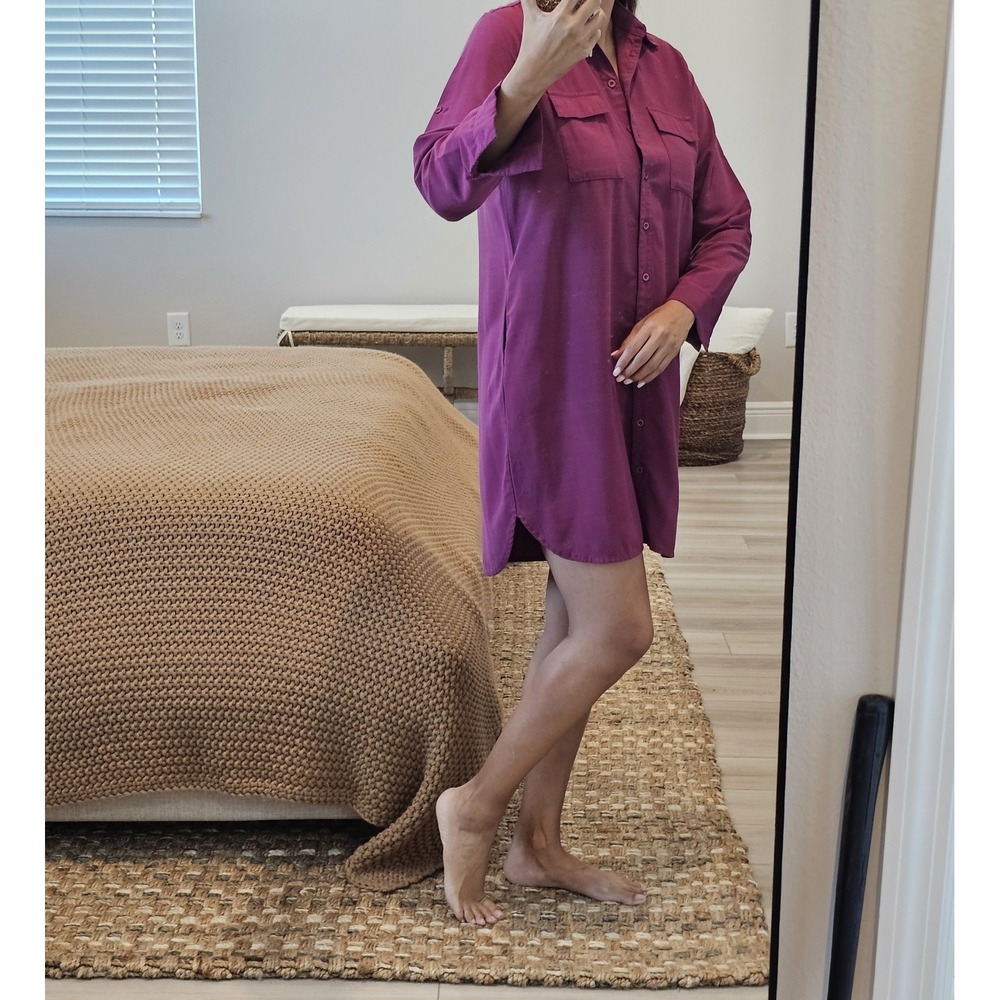 Purple Collared Button Pocket Tunic Blouse Rayon Polyester Long Sleeve Size M‎
